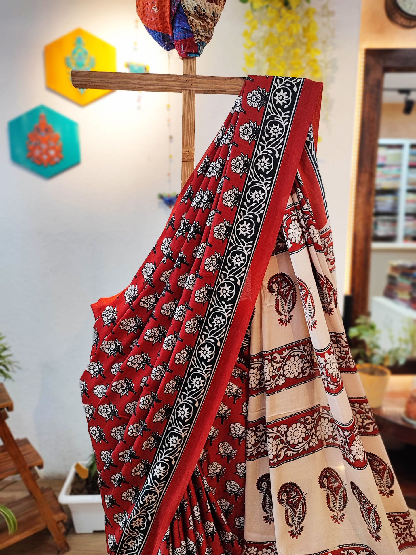 Red, Black & White Modal Satin Handblock Printed Saree With Running Blouse