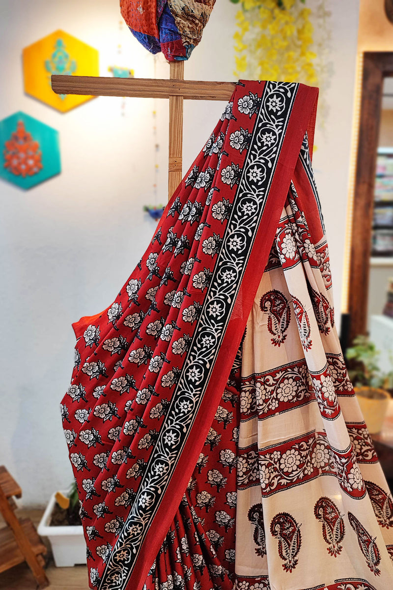 Red, Black & White Modal Satin Handblock Printed Saree With Running Blouse