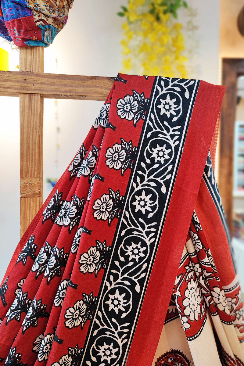 Red, Black & White Modal Satin Handblock Printed Saree With Running Blouse