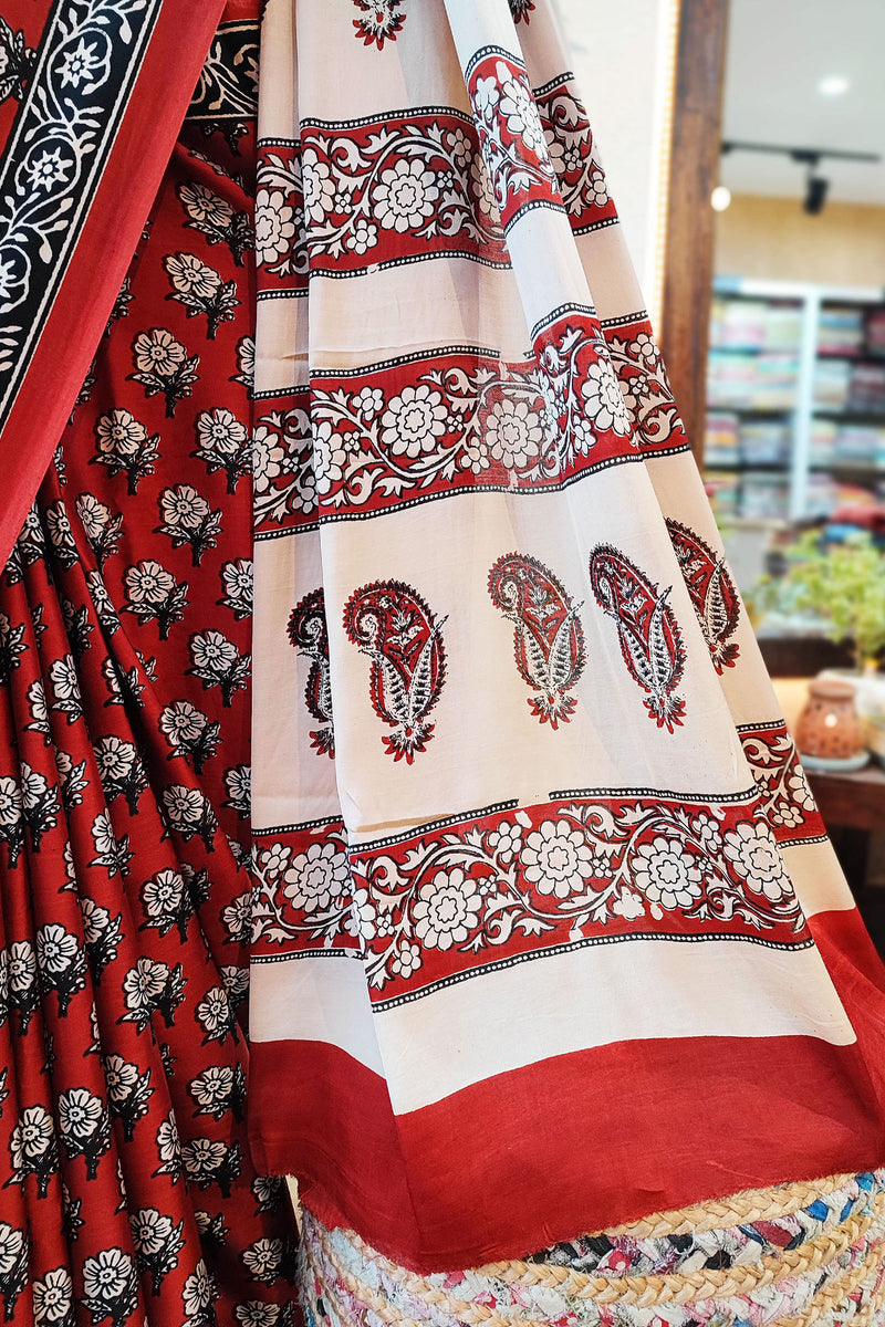 Red, Black & White Modal Satin Handblock Printed Saree With Running Blouse
