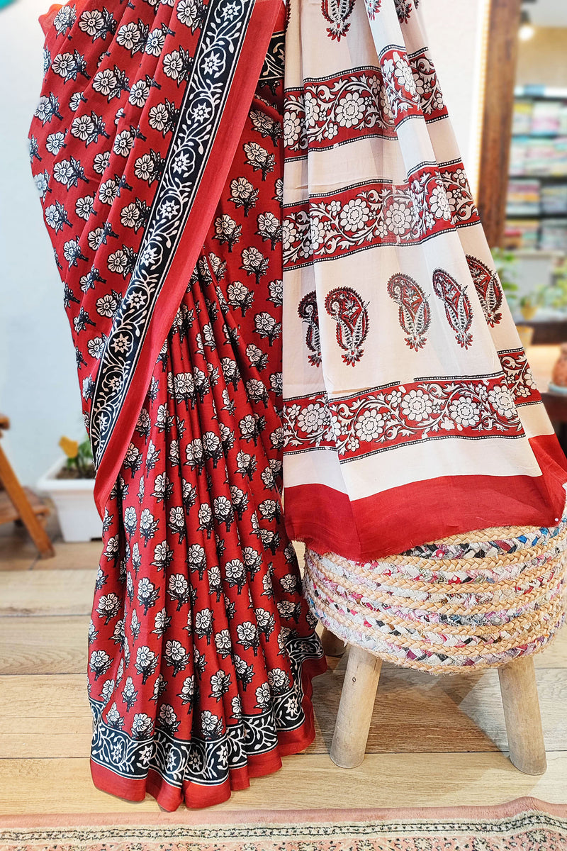 Red, Black & White Modal Satin Handblock Printed Saree With Running Blouse
