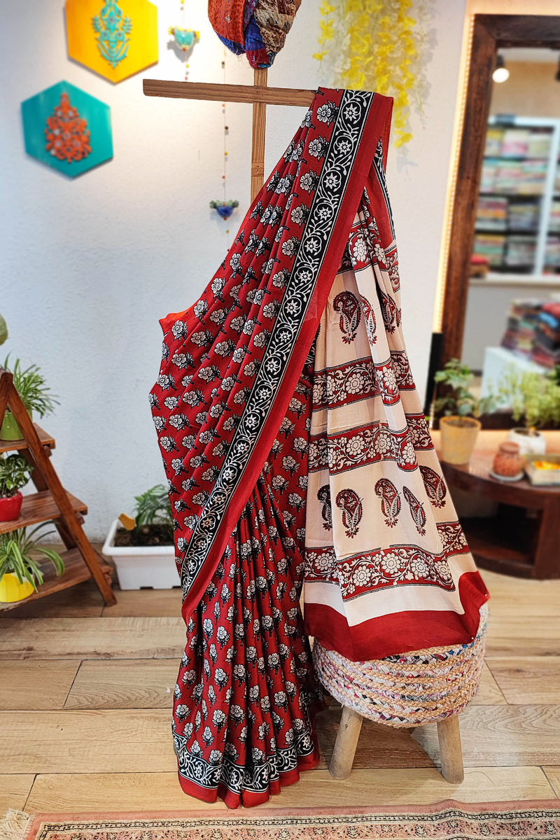 Red, Black & White Modal Satin Handblock Printed Saree With Running Blouse