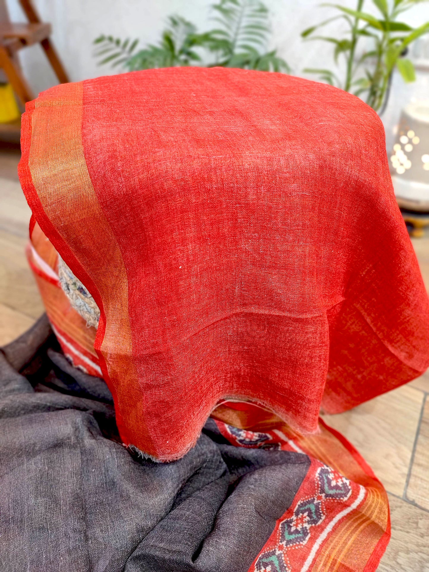 Red & Charcoal Patola Print Linen Saree