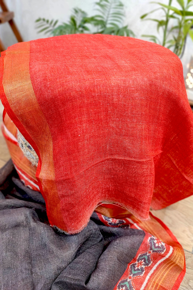 Red & Charcoal Patola Print Linen Saree