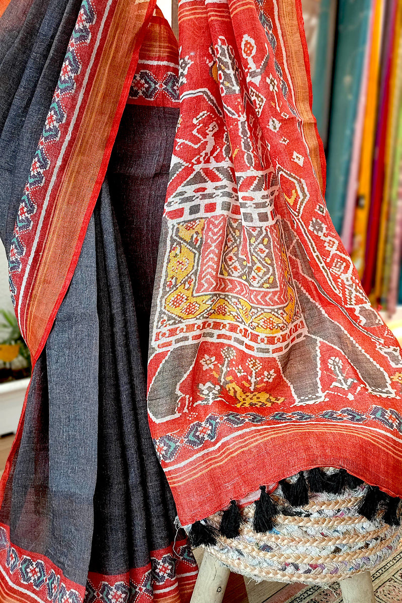 Red & Charcoal Patola Print Linen Saree