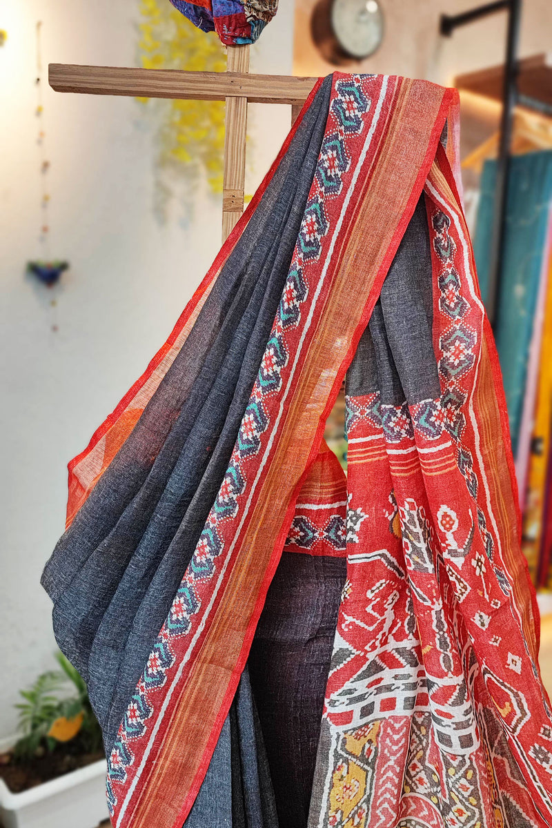 Red & Charcoal Patola Print Linen Saree