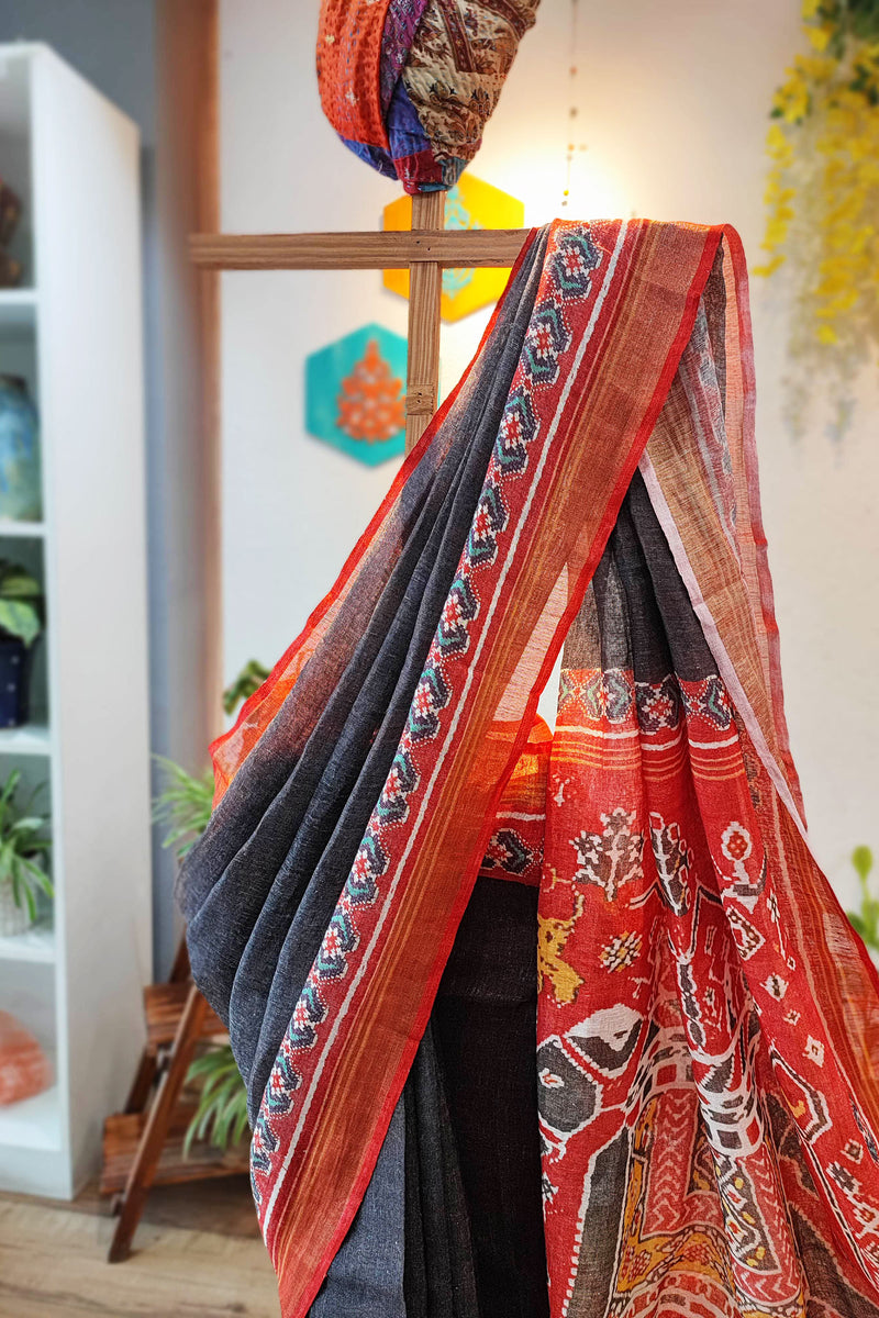 Red & Charcoal Patola Print Linen Saree