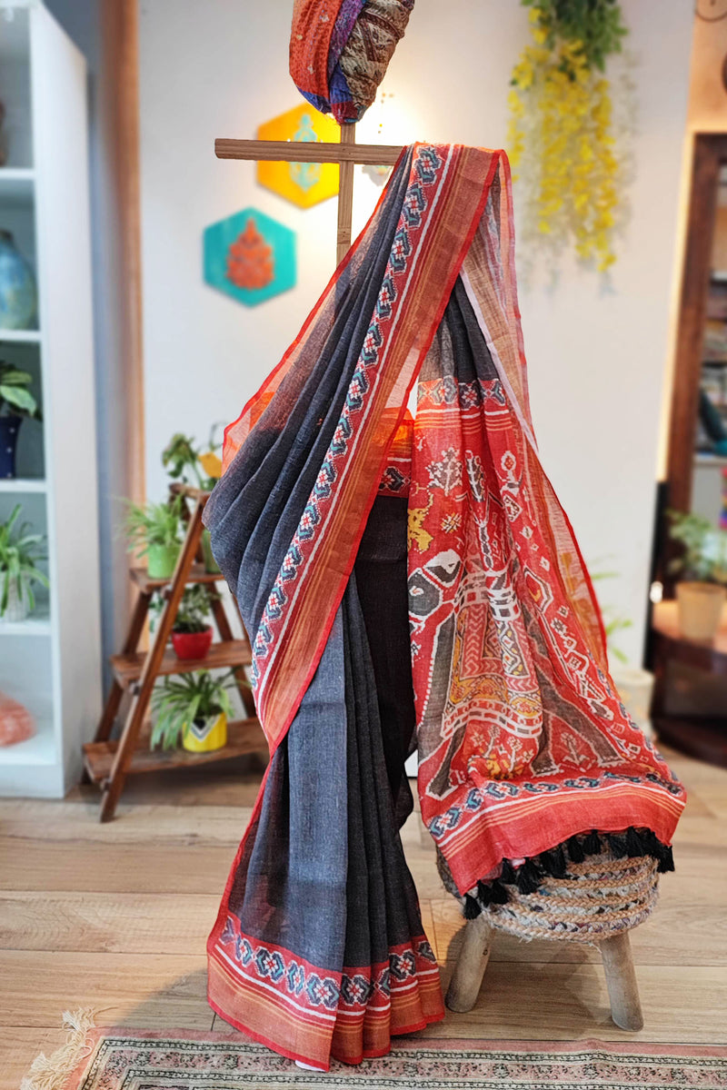 Red & Charcoal Patola Print Linen Saree