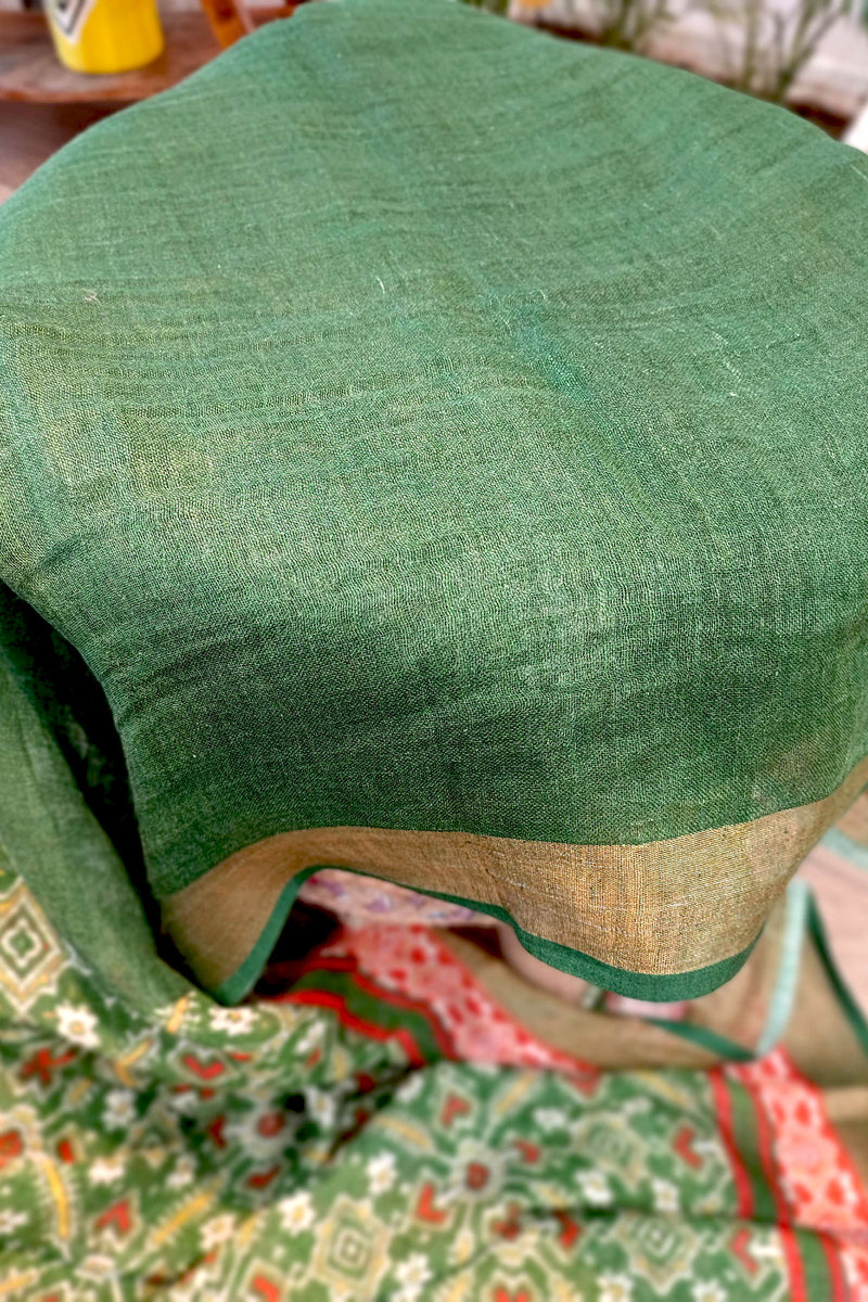 Fern Green Floral Print Linen Saree with Tassel Detailing