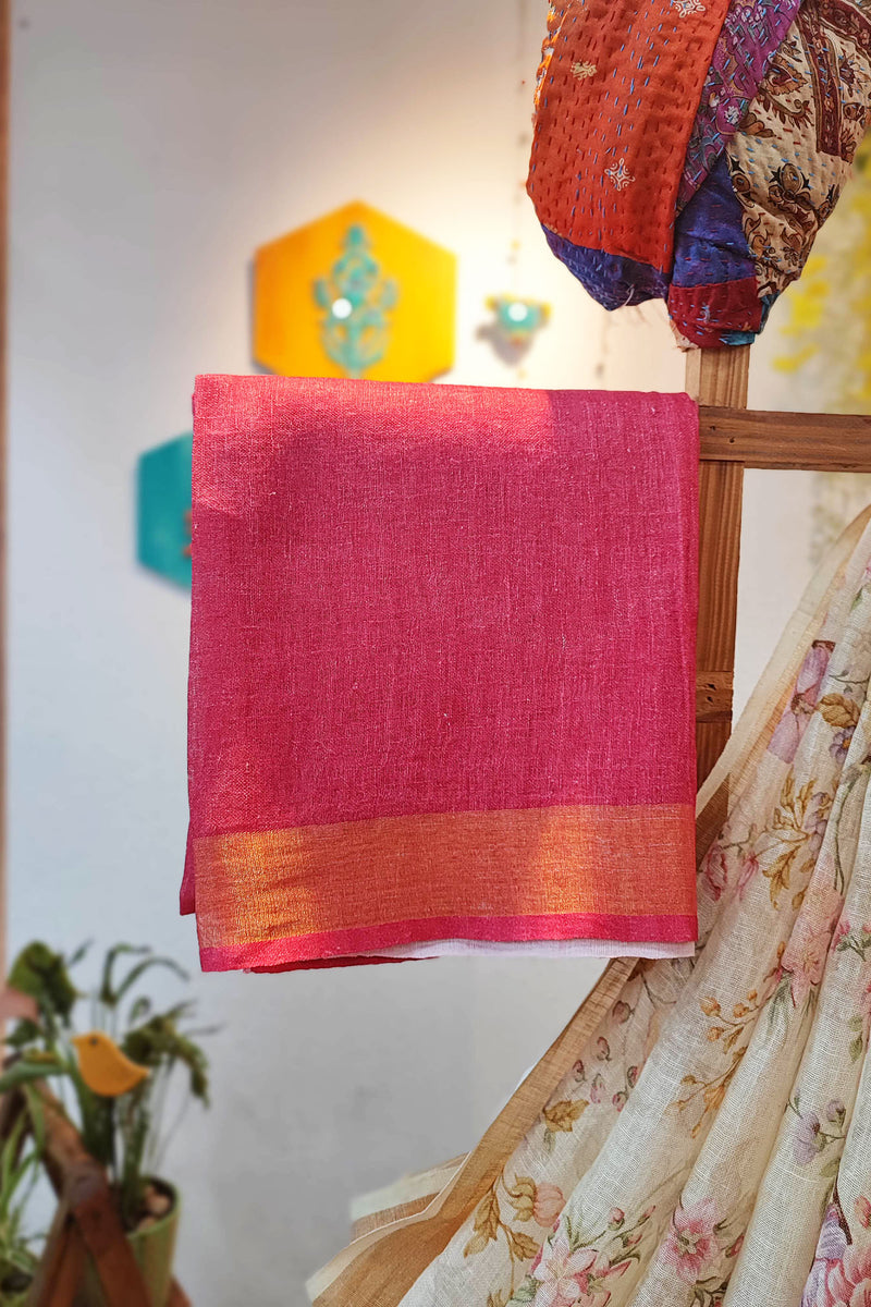 Cream Floral Print Linen Saree with Tassels & Contrasting Red Blouse