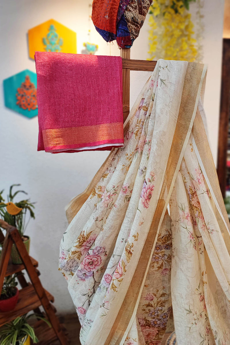 Cream Floral Print Linen Saree with Tassels & Contrasting Red Blouse
