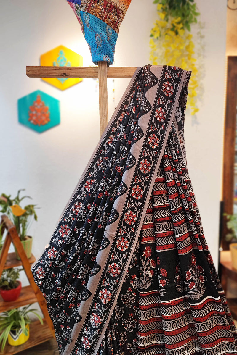 Black, Red & Gray  Satin Handblock Printed Saree With Running Blouse