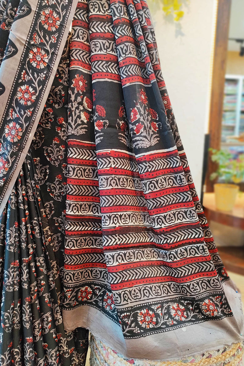 Black, Red & Gray  Satin Handblock Printed Saree With Running Blouse