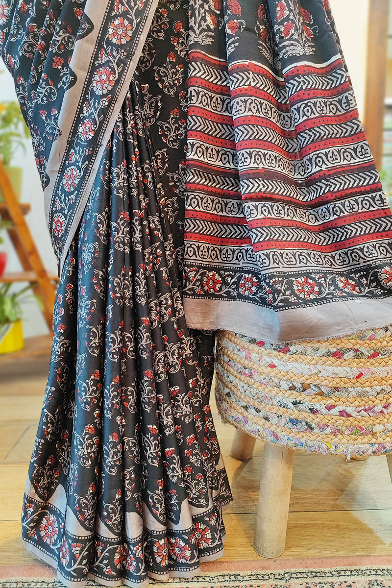 Black, Red & Gray  Satin Handblock Printed Saree With Running Blouse