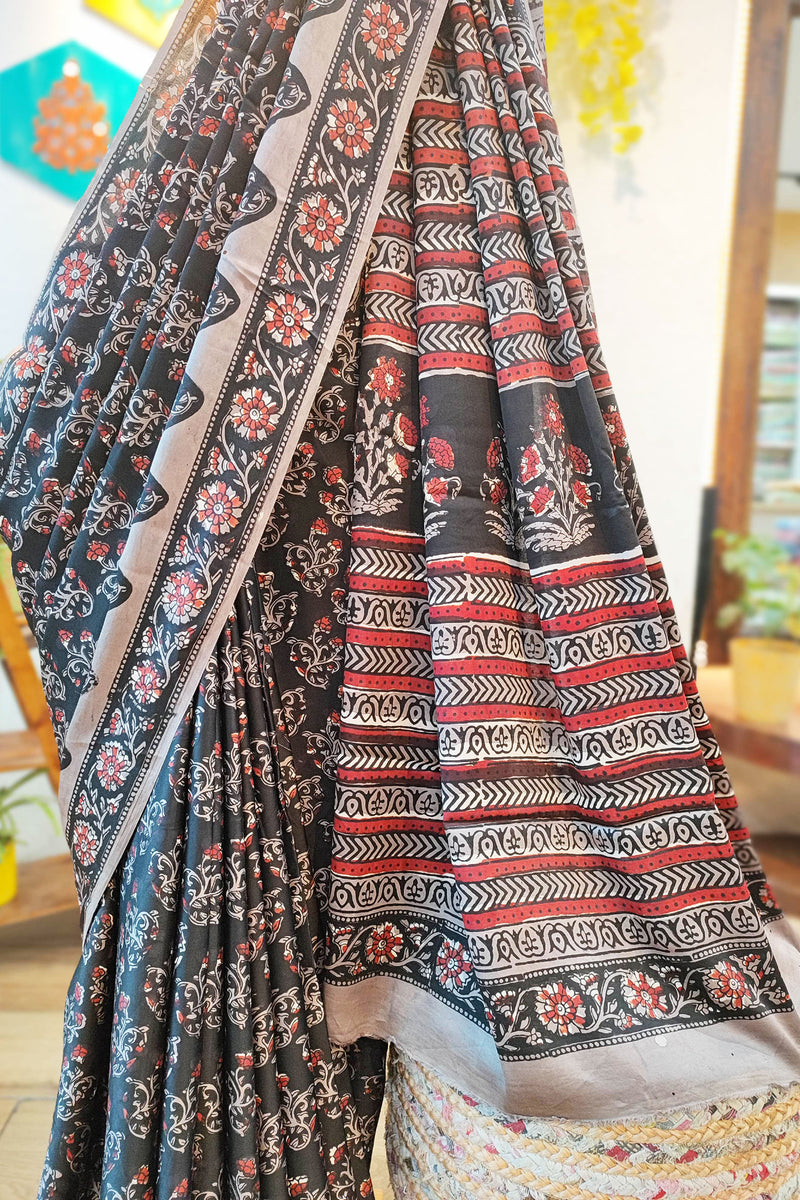 Black, Red & Gray  Satin Handblock Printed Saree With Running Blouse