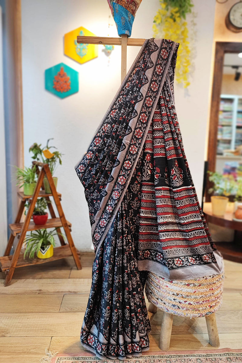 Black, Red & Gray  Satin Handblock Printed Saree With Running Blouse