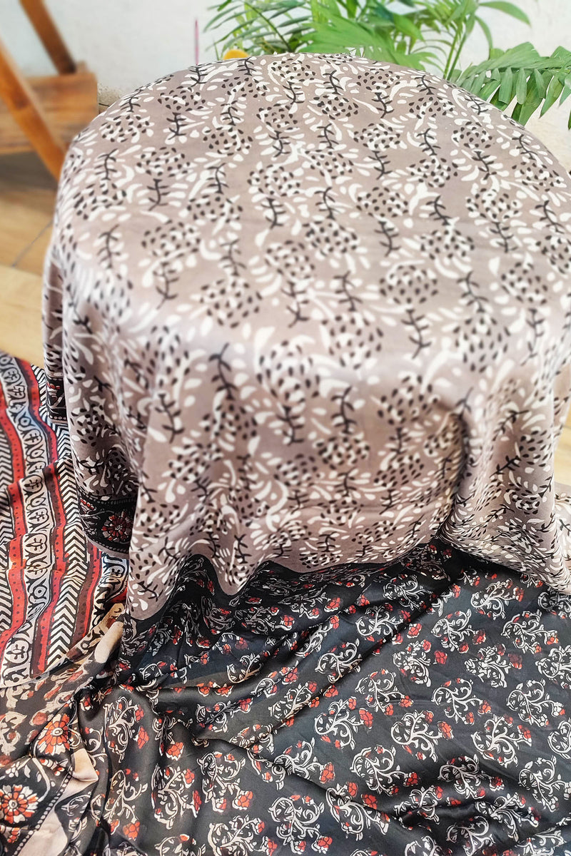 Black, Red & Gray  Satin Handblock Printed Saree With Running Blouse