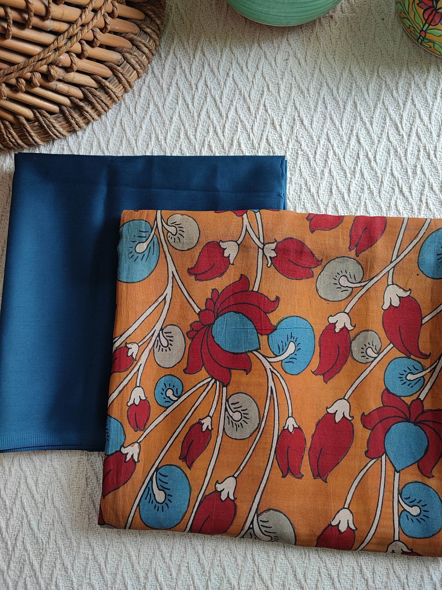 Srikalahasti Kalamkari Marmalade Kurta with Navy Blue Pants Set