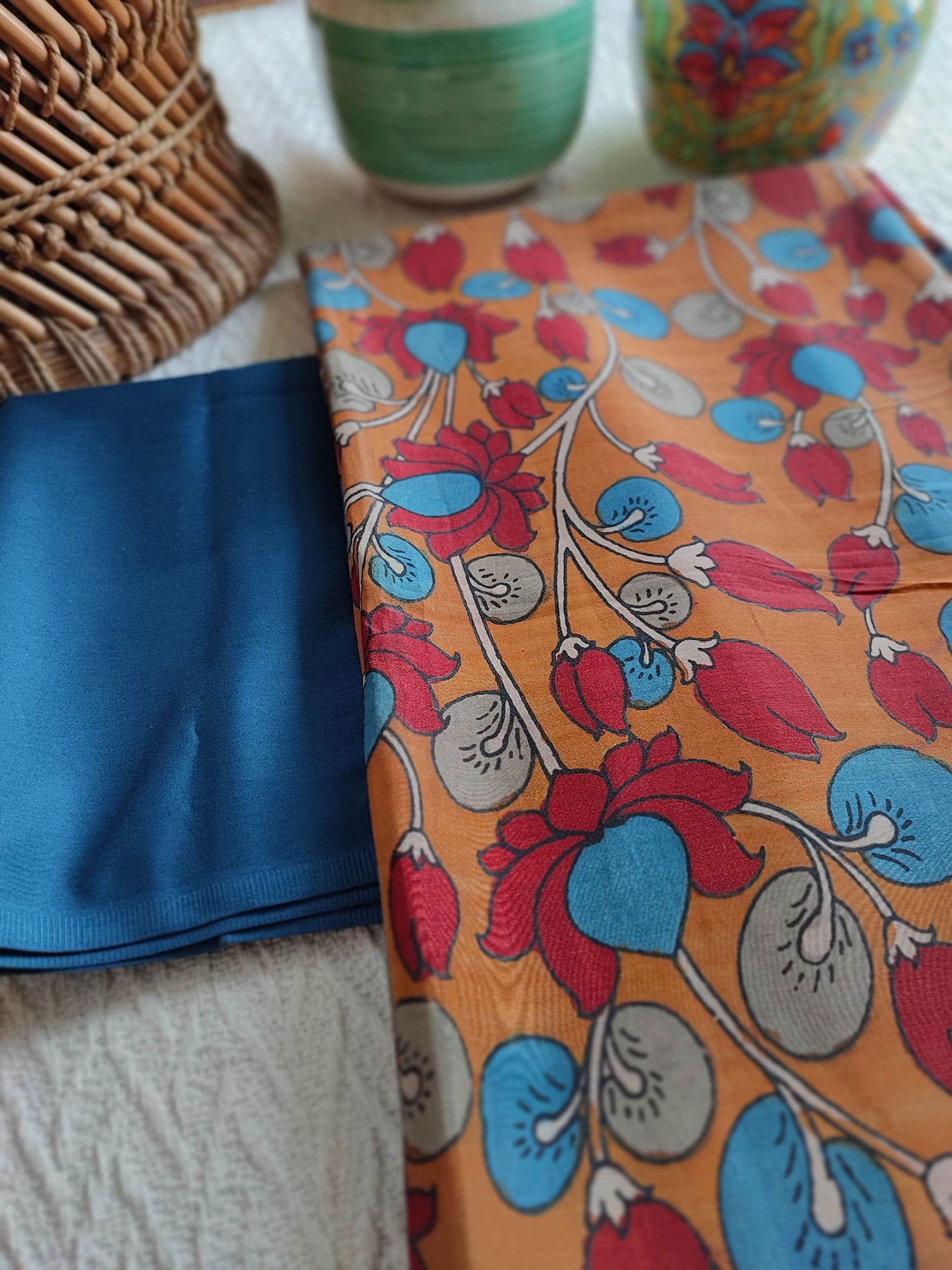 Srikalahasti Kalamkari Marmalade Kurta with Navy Blue Pants Set