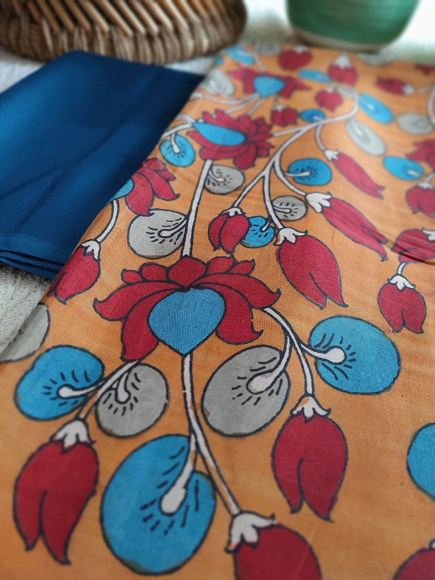 Srikalahasti Kalamkari Marmalade Kurta with Navy Blue Pants Set