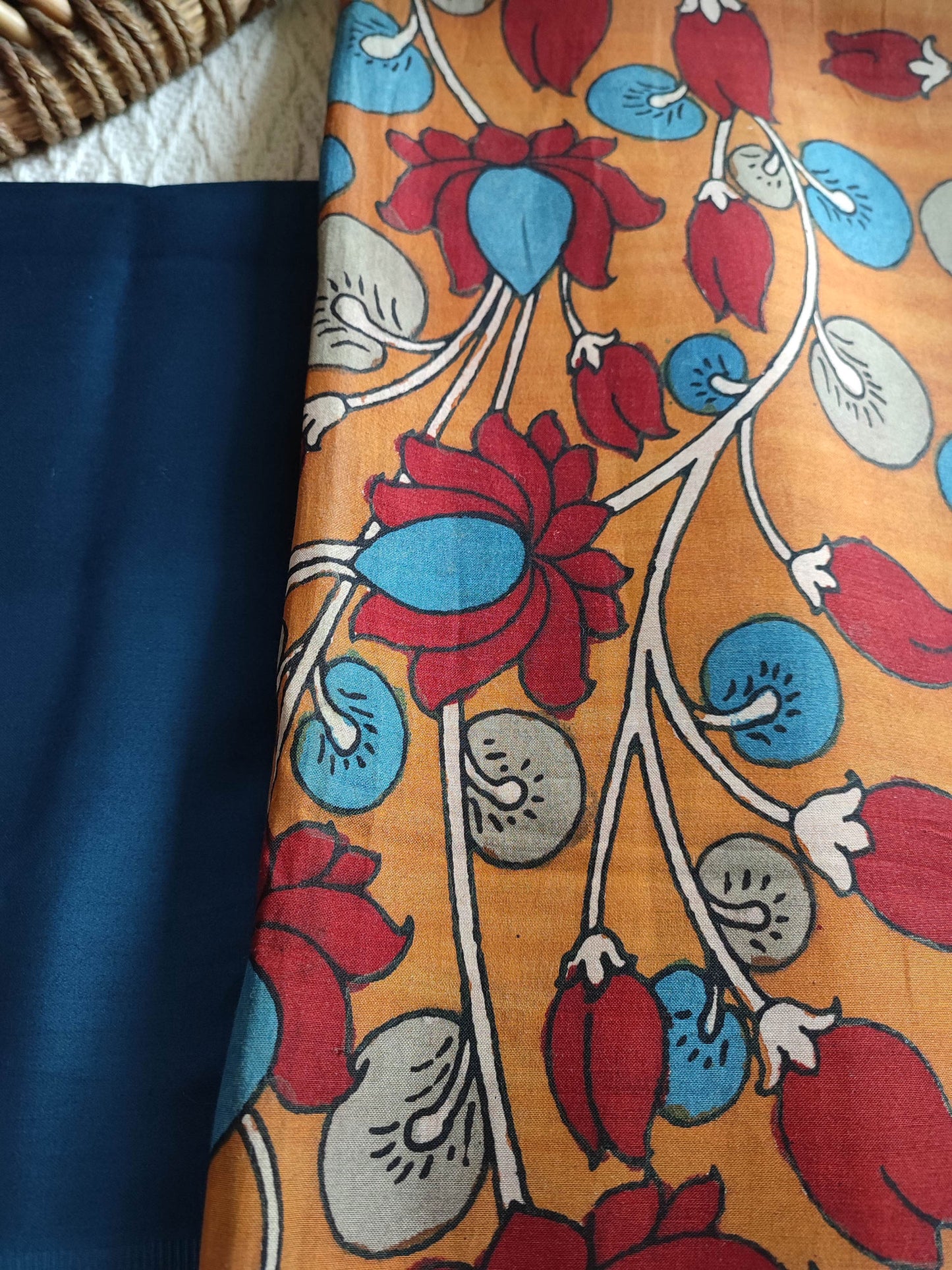 Srikalahasti Kalamkari Marmalade Kurta with Navy Blue Pants Set