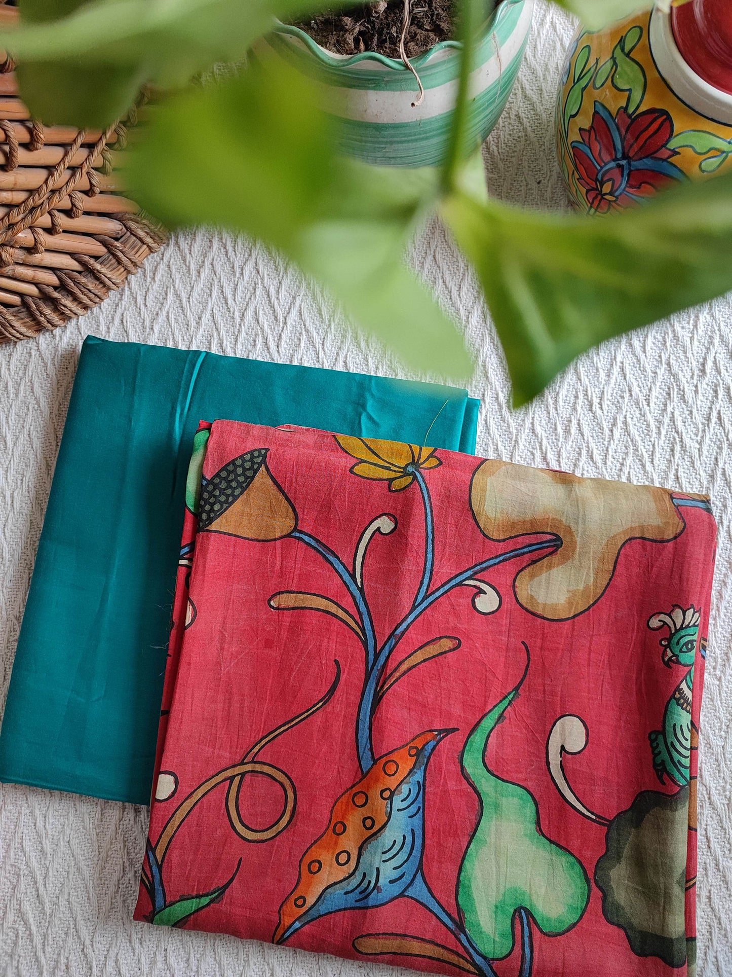 Srikalahasti Kalamkari Raspberry Kurta with Teal Pants Set