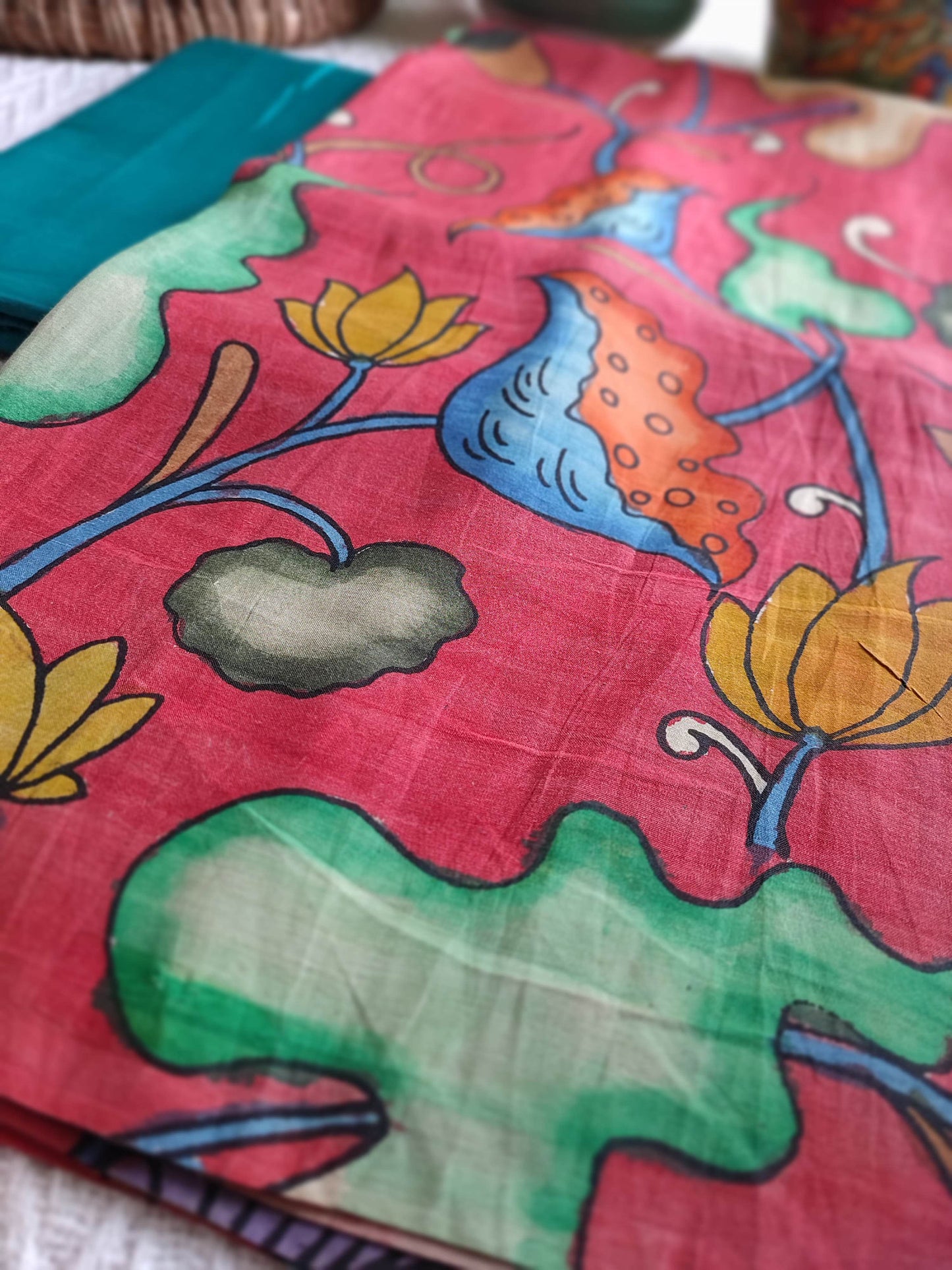 Srikalahasti Kalamkari Raspberry Kurta with Teal Pants Set