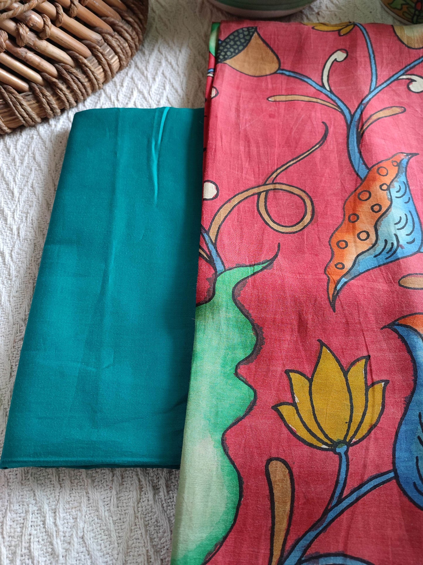 Srikalahasti Kalamkari Raspberry Kurta with Teal Pants Set