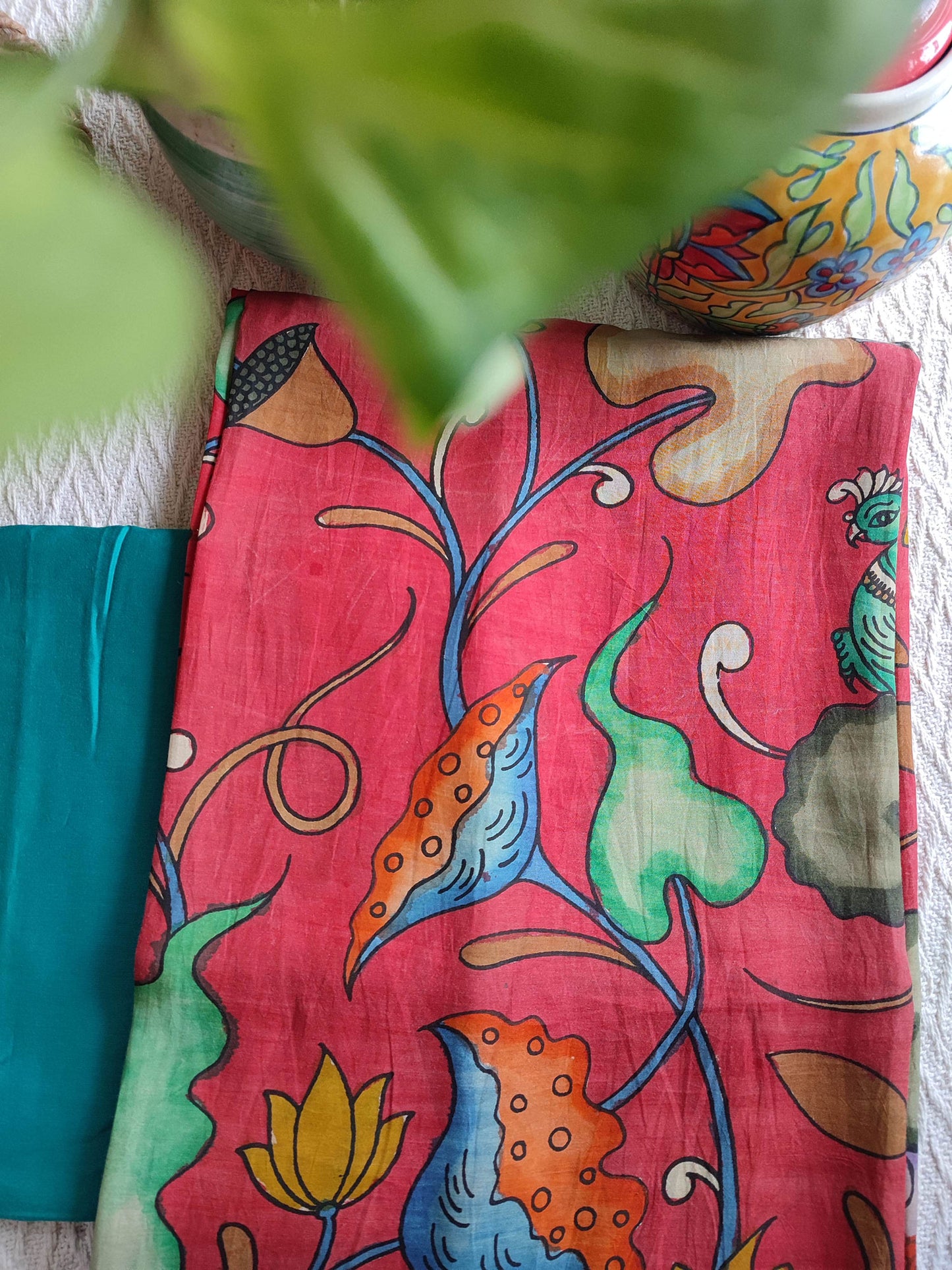 Srikalahasti Kalamkari Raspberry Kurta with Teal Pants Set