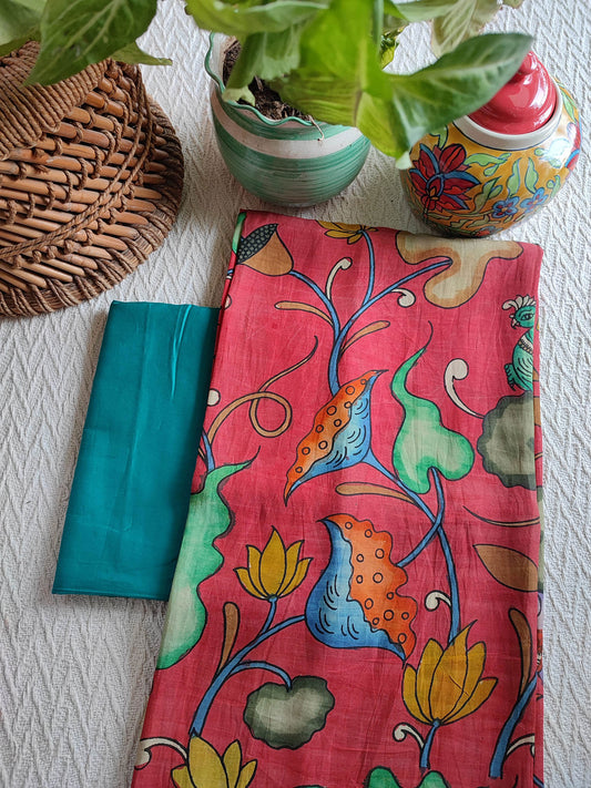 Srikalahasti Kalamkari Raspberry Kurta with Teal Pants Set