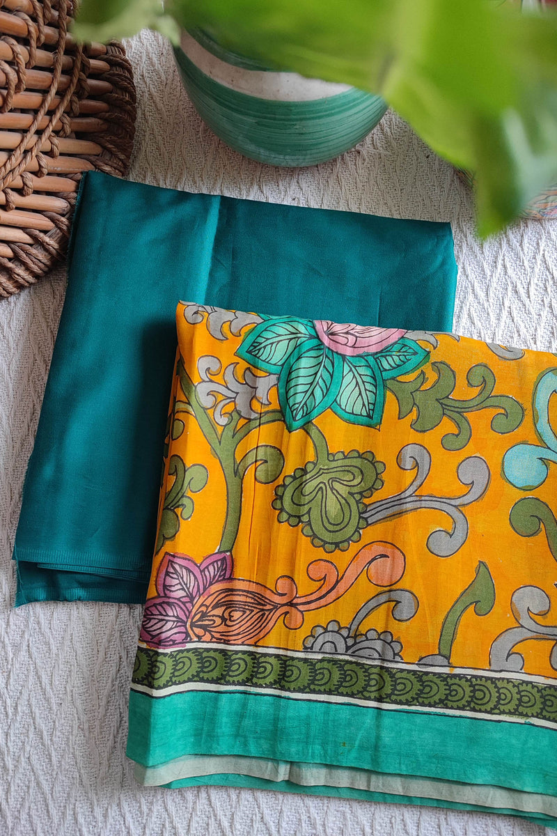 Srikalahasti Kalamkari Marigold Kurta with Teal Pants Set
