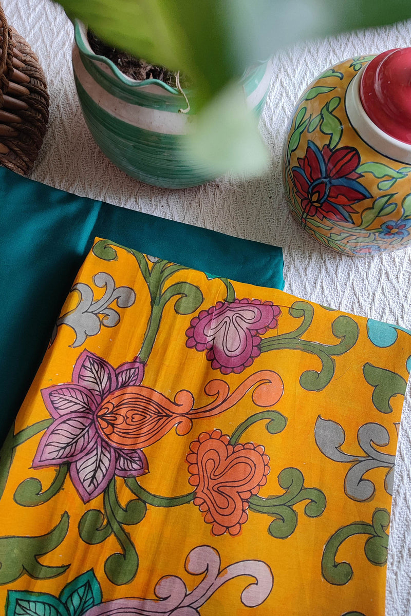 Srikalahasti Kalamkari Marigold Kurta with Teal Pants Set