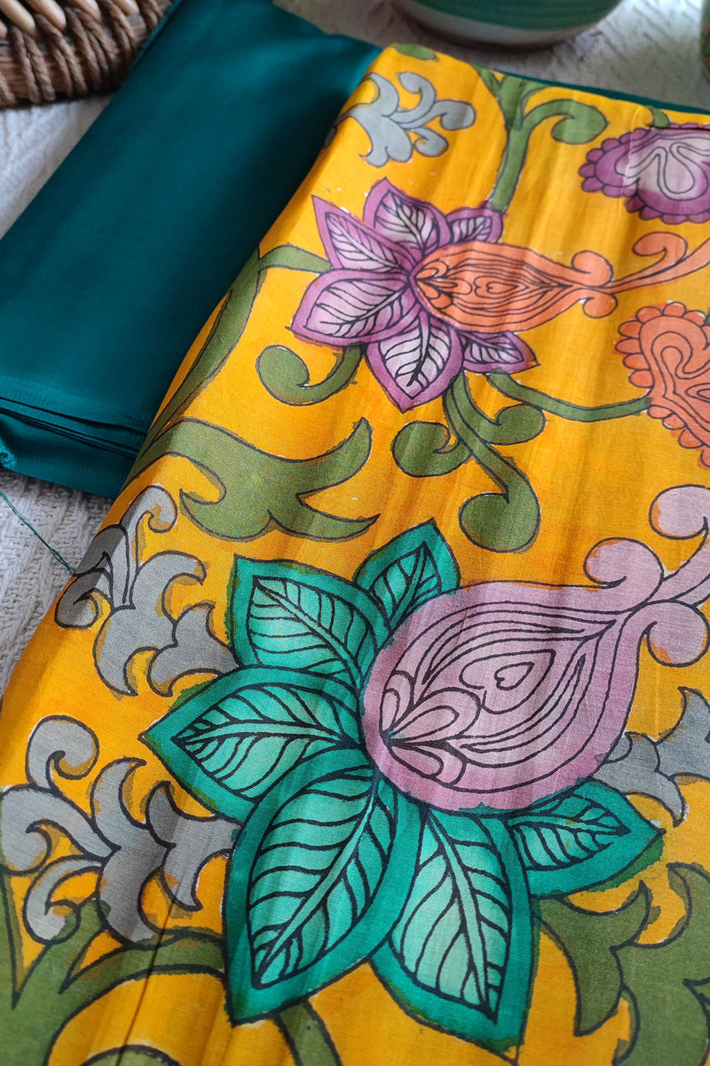 Srikalahasti Kalamkari Marigold Kurta with Teal Pants Set