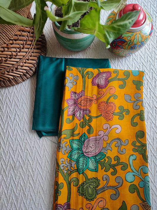 Srikalahasti Kalamkari Marigold Kurta with Teal Pants Set