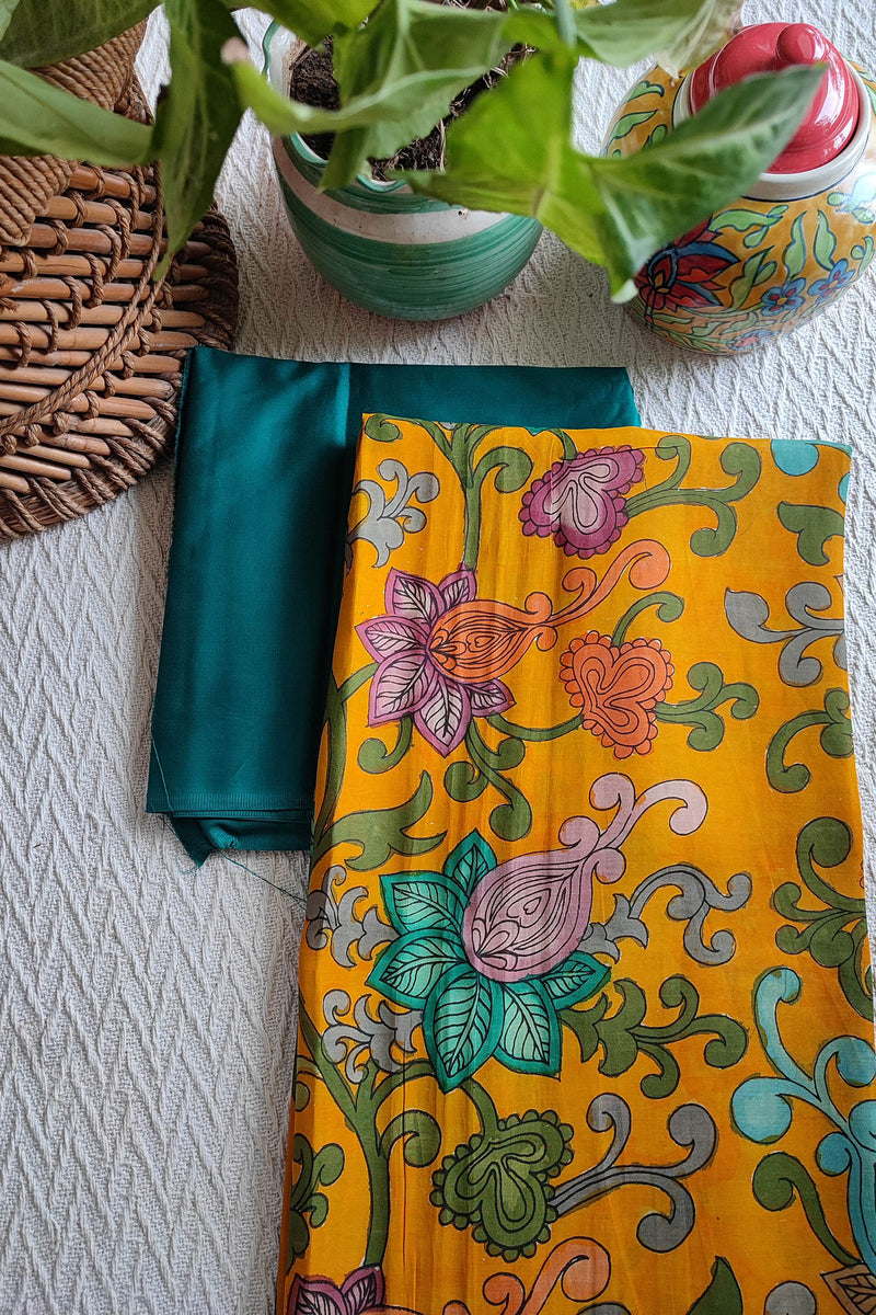 Srikalahasti Kalamkari Marigold Kurta with Teal Pants Set
