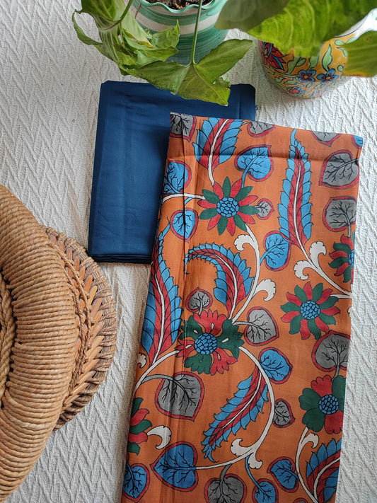 Srikalahasti Kalamkari Apricot Kurta(3mtrs) with Navy Blue Pants 2mtr Set
