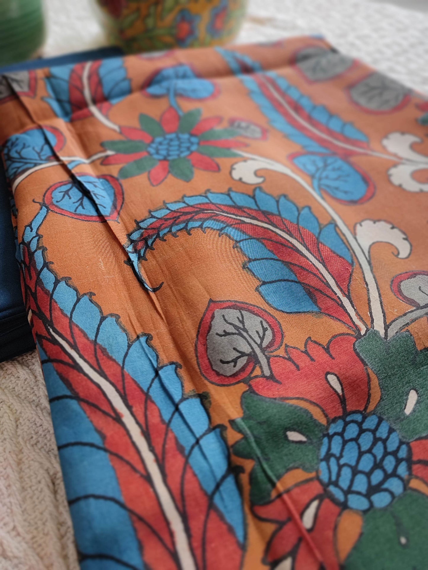 Srikalahasti Kalamkari Apricot Kurta(3mtrs) with Navy Blue Pants 2mtr Set
