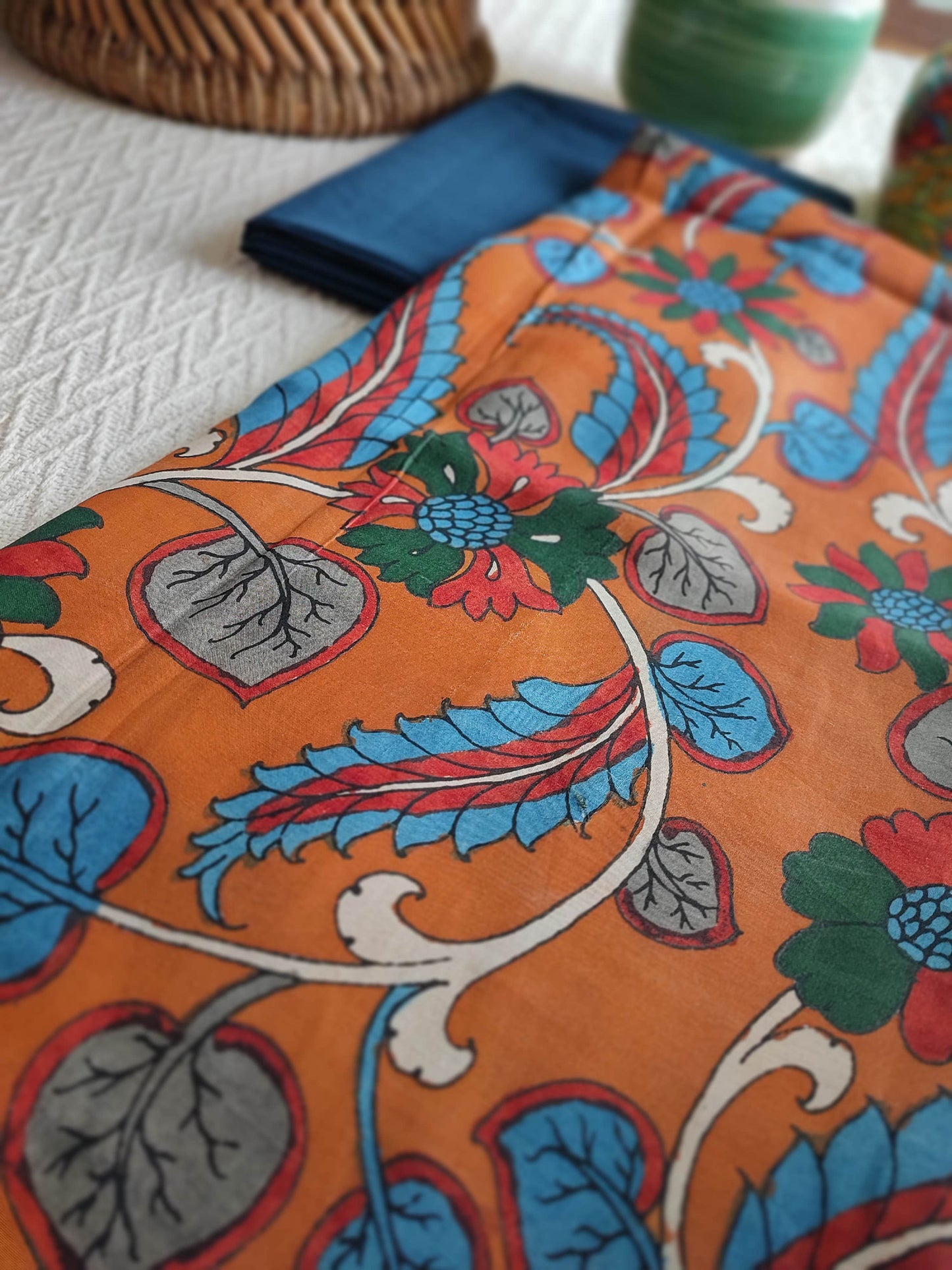 Srikalahasti Kalamkari Apricot Kurta(3mtrs) with Navy Blue Pants 2mtr Set