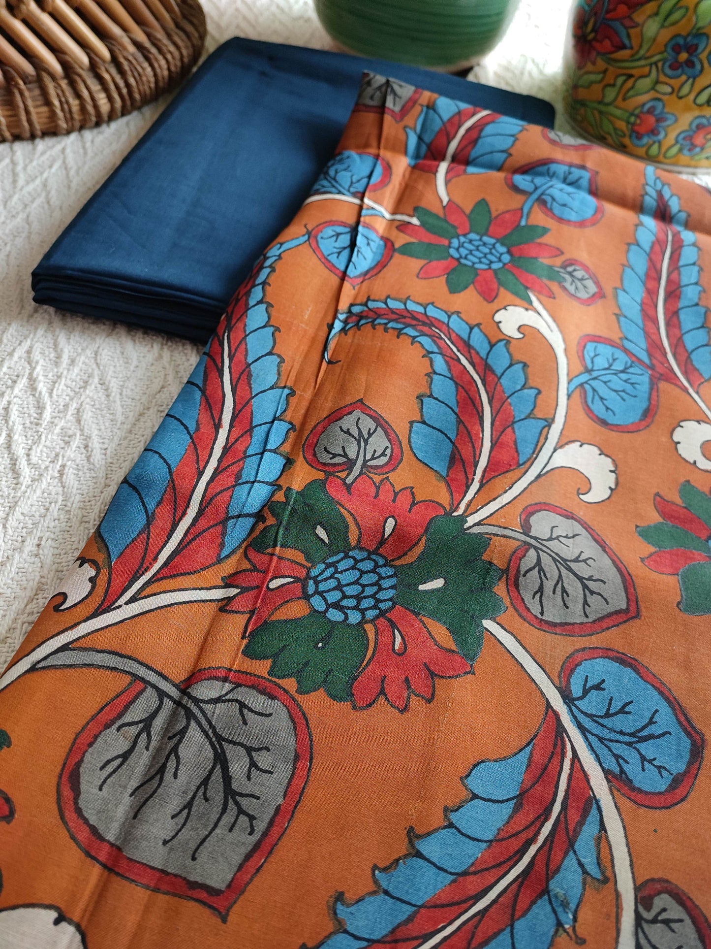 Srikalahasti Kalamkari Apricot Kurta(3mtrs) with Navy Blue Pants 2mtr Set