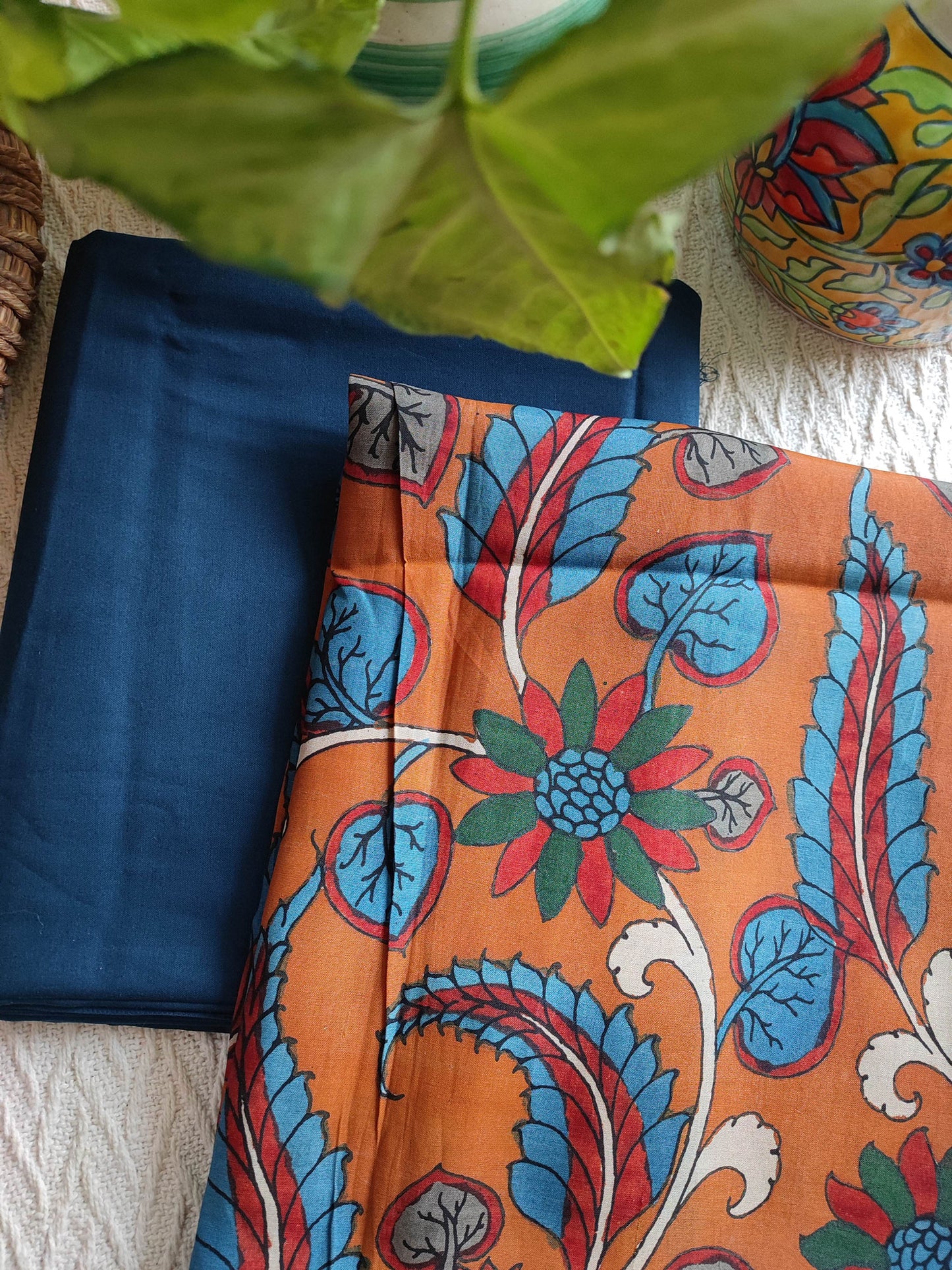 Srikalahasti Kalamkari Apricot Kurta(3mtrs) with Navy Blue Pants 2mtr Set