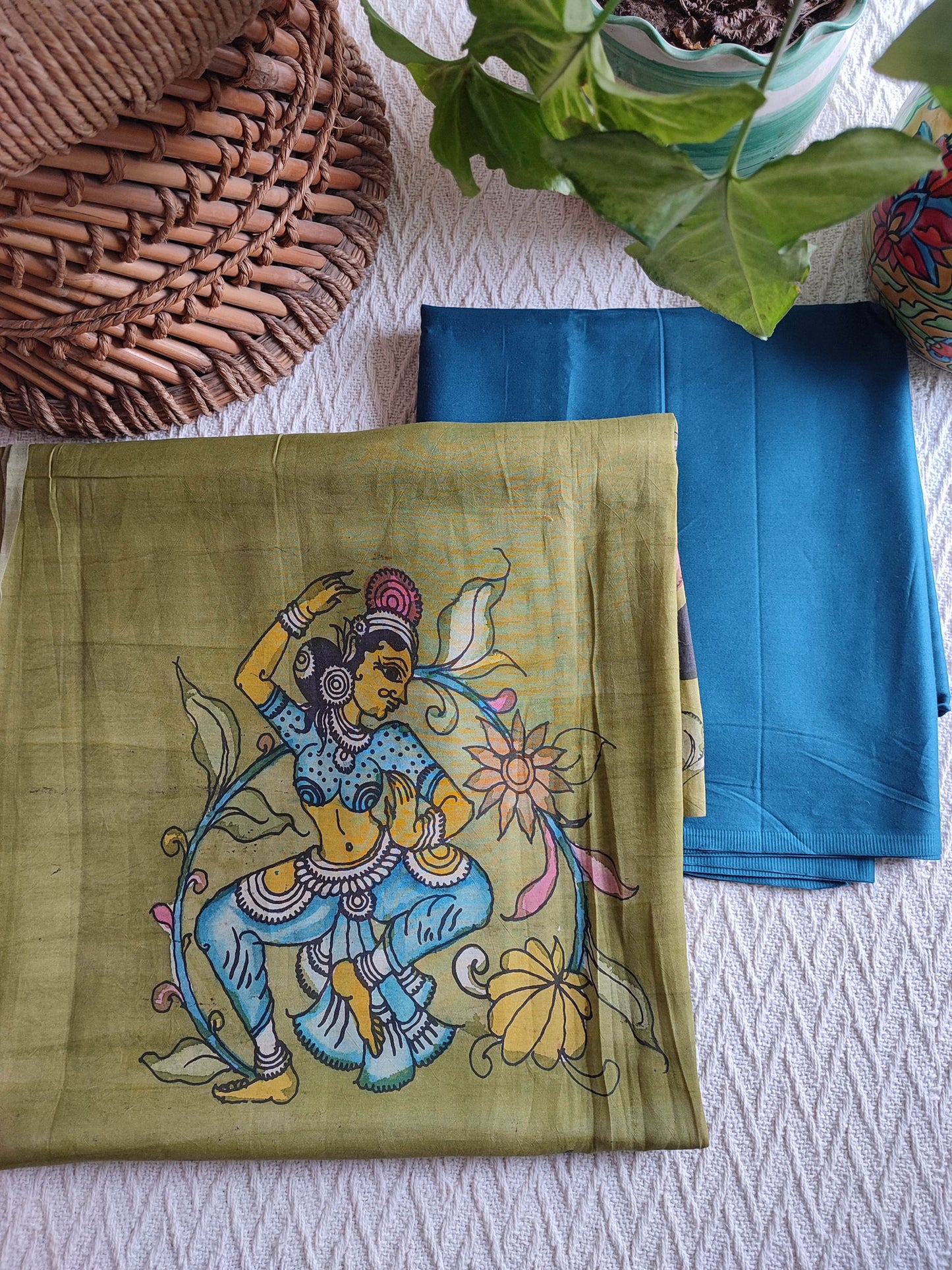 Srikalahasti Kalamkari Moss Green Kurta with Azure Blue Pants Set