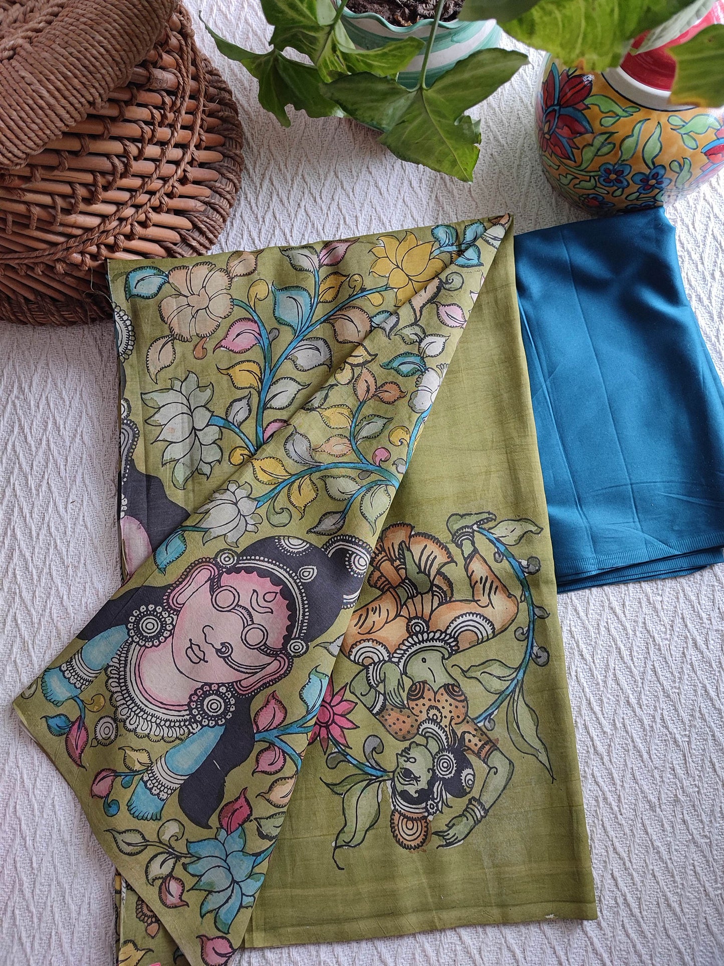 Srikalahasti Kalamkari Moss Green Kurta with Azure Blue Pants Set