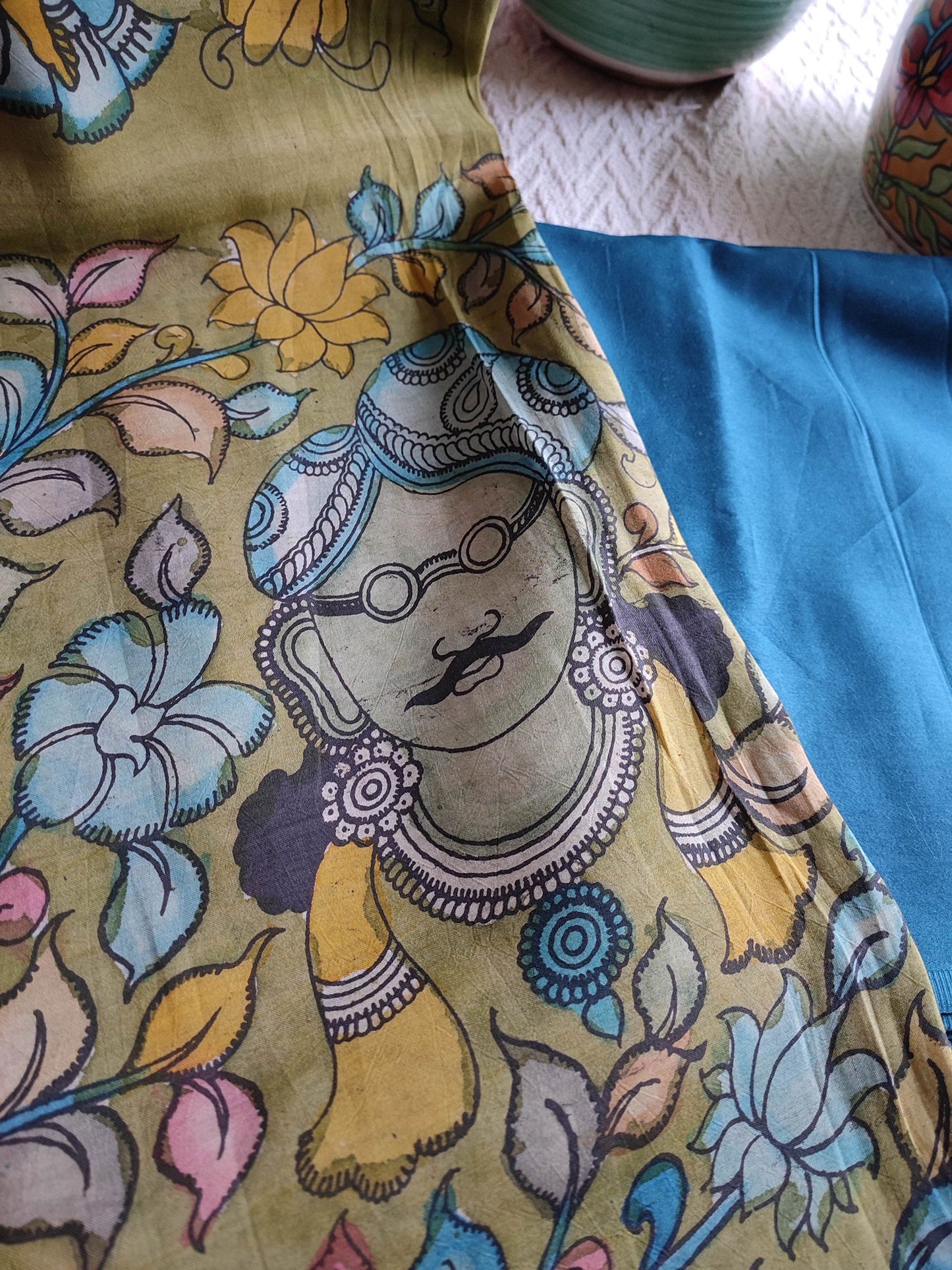 Srikalahasti Kalamkari Moss Green Kurta with Azure Blue Pants Set