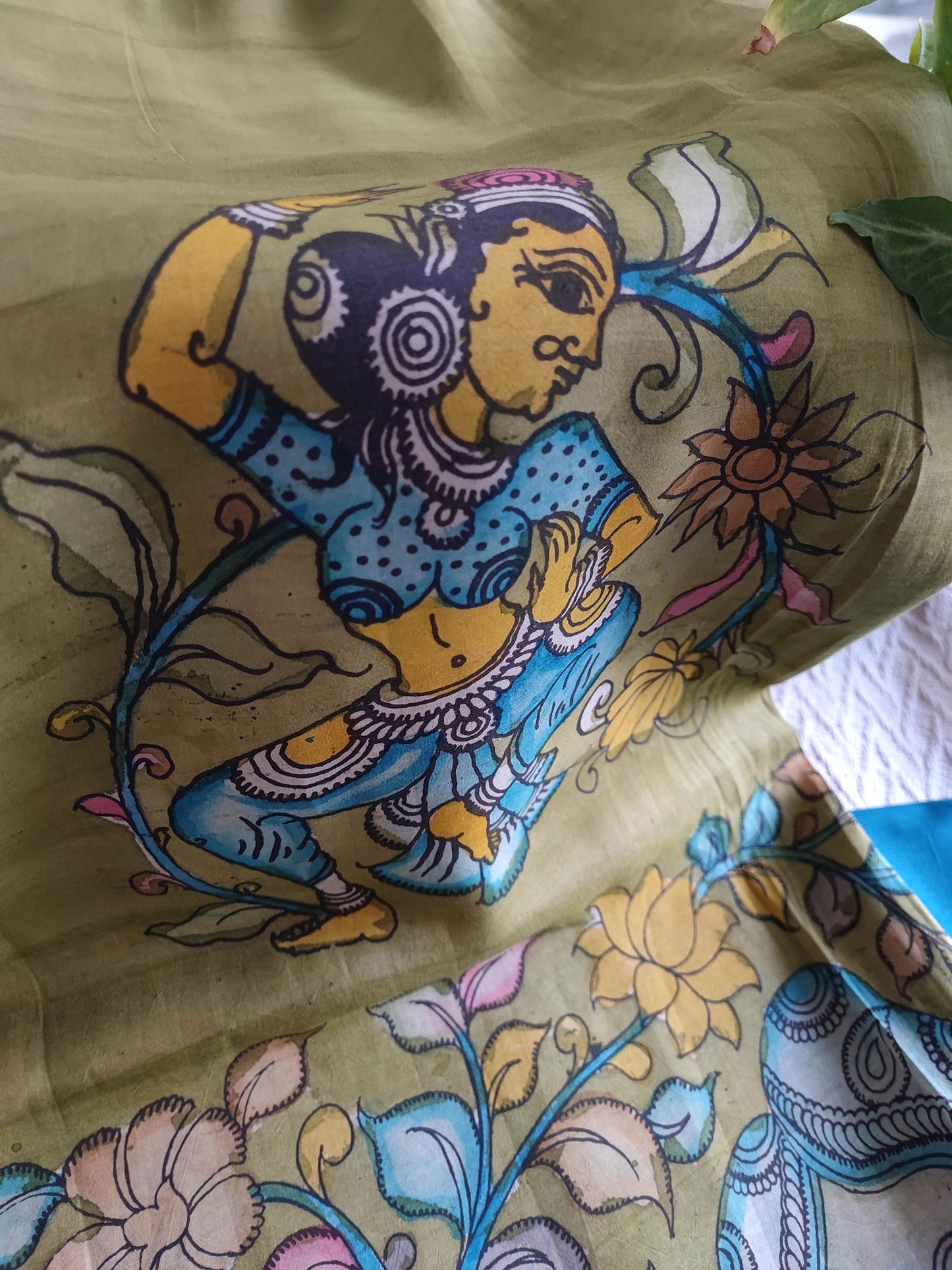 Srikalahasti Kalamkari Moss Green Kurta with Azure Blue Pants Set