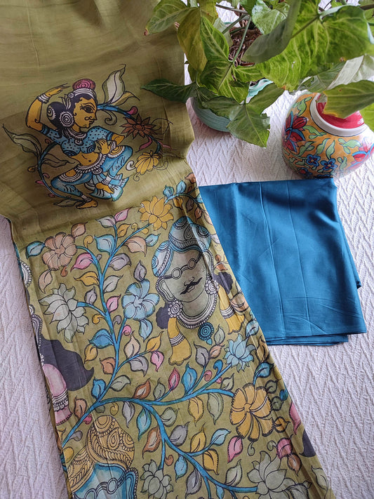 Srikalahasti Kalamkari Moss Green Kurta with Azure Blue Pants Set