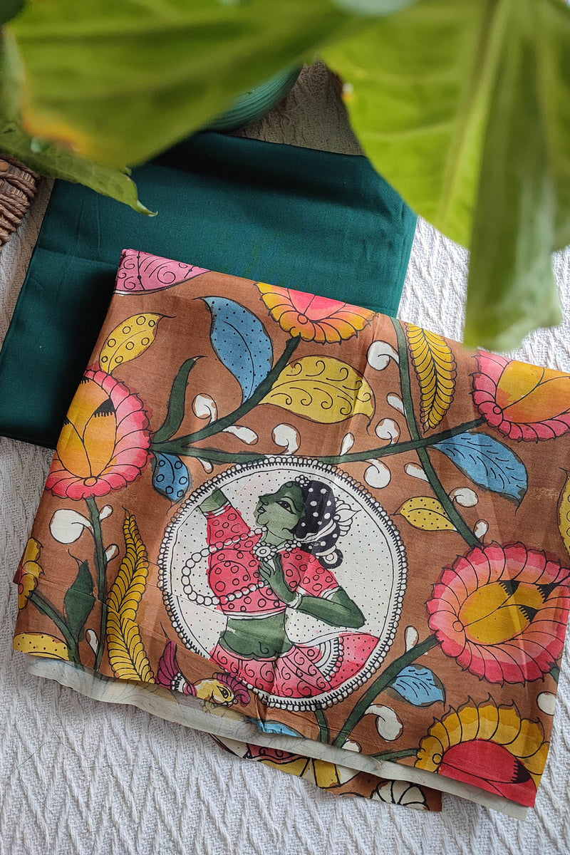 Srikalahasti Kalamkari Ginger Brown Kurta with Bottle Green Pants Set