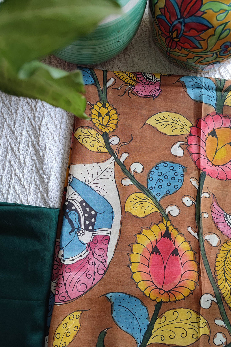 Srikalahasti Kalamkari Ginger Brown Kurta with Bottle Green Pants Set