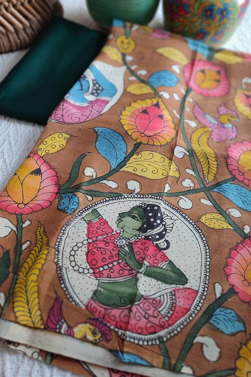 Srikalahasti Kalamkari Ginger Brown Kurta with Bottle Green Pants Set