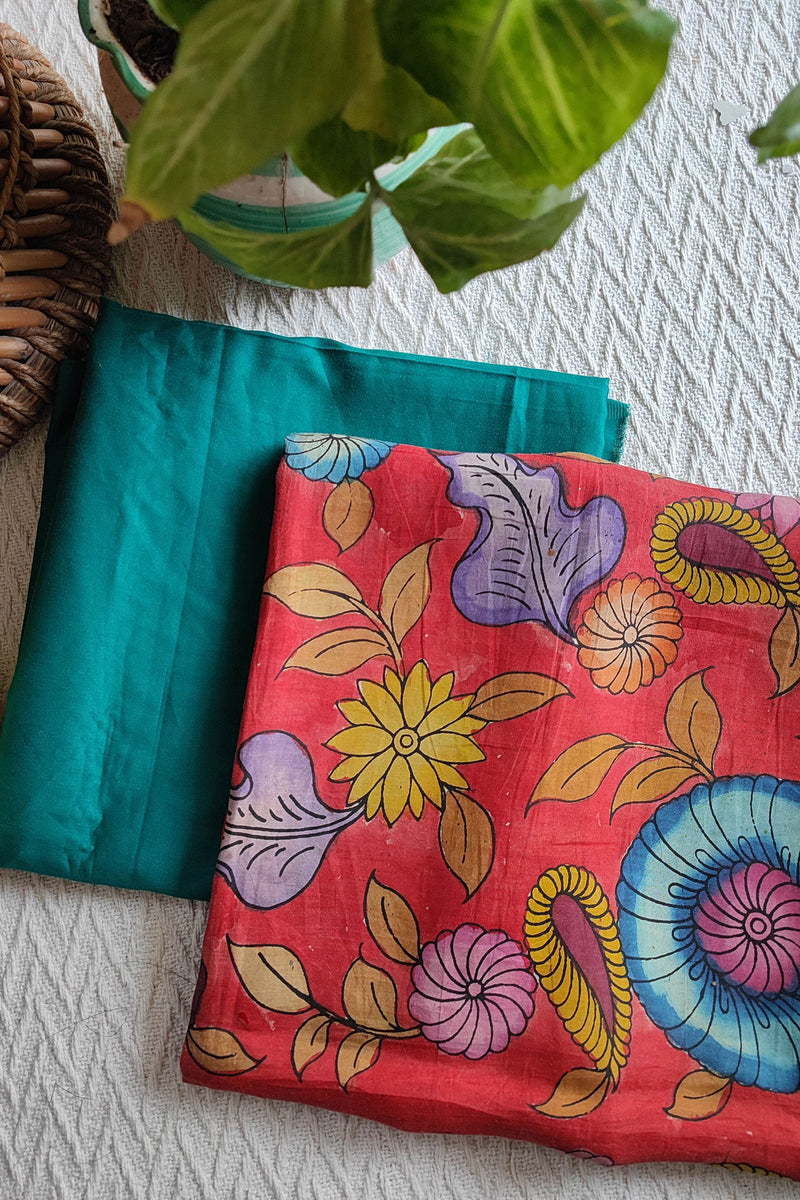 Srikalahasti Kalamkari Red Kurta with Teal Pants Set