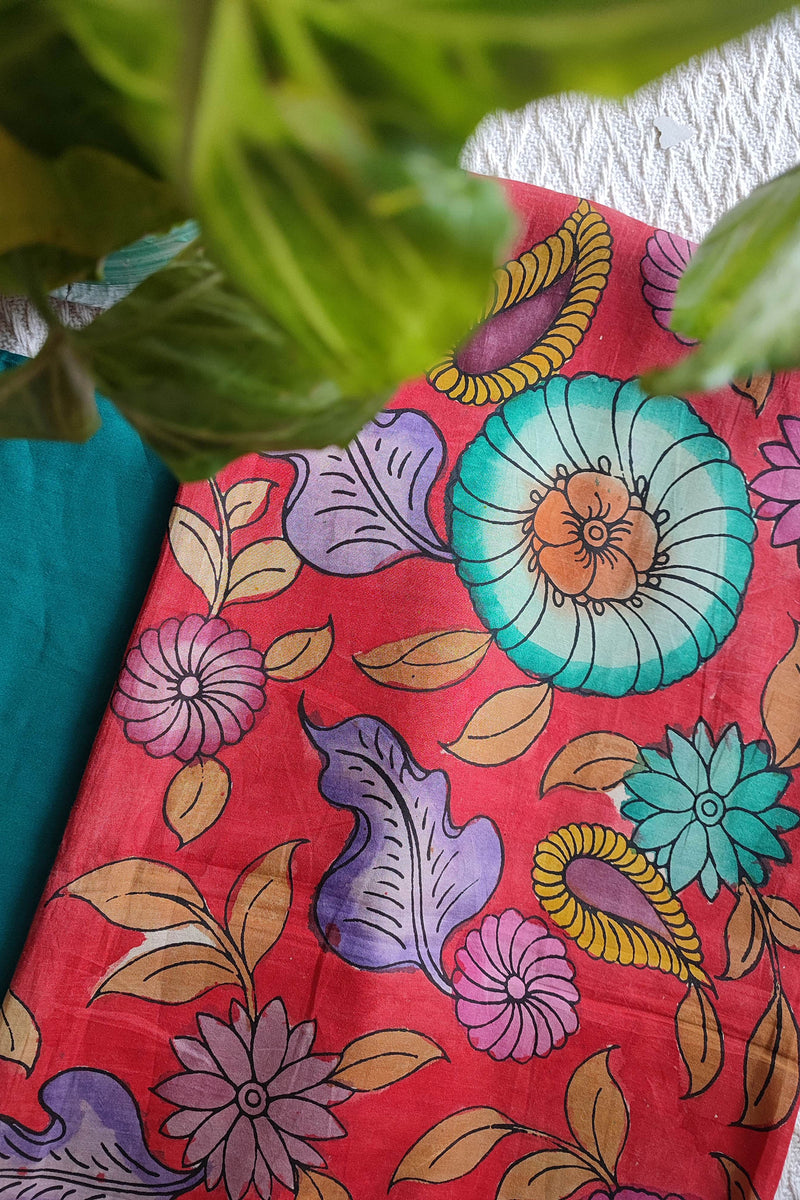 Srikalahasti Kalamkari Red Kurta with Teal Pants Set
